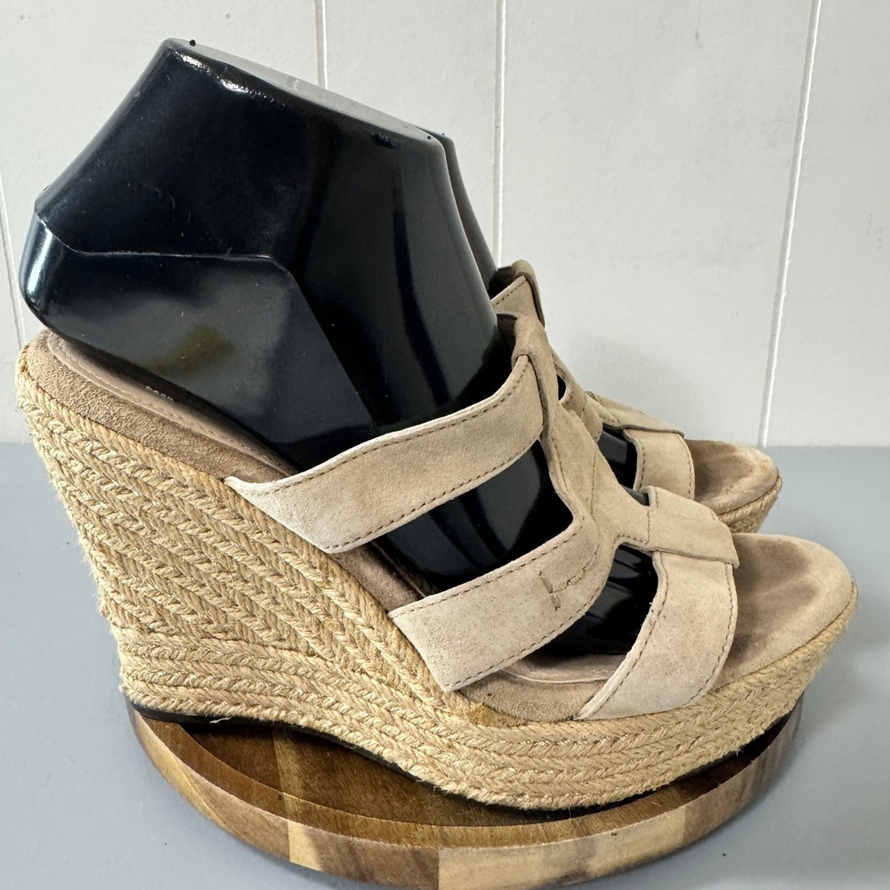UGG Womens  Espadrille Wedge Sandals Size 8 Beige Suede Leather Platform Shoes